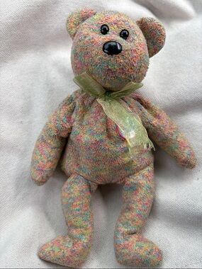 Plush Pastel Rainbow Teddy Bear with Sheer Green Bow